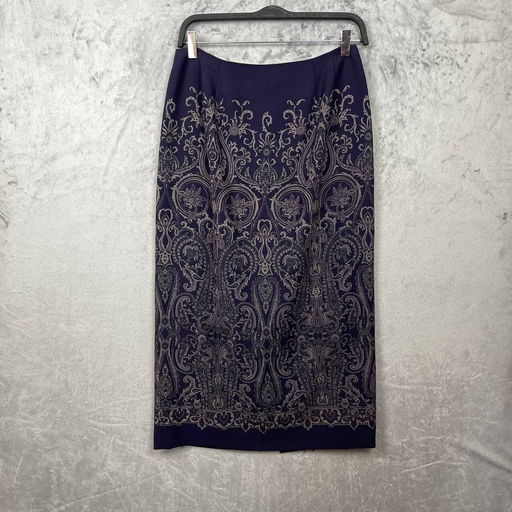 Vintage 90s Navy Wool Baroque Pencil Skirt Midi‎ Classic Office Evening Size 10
